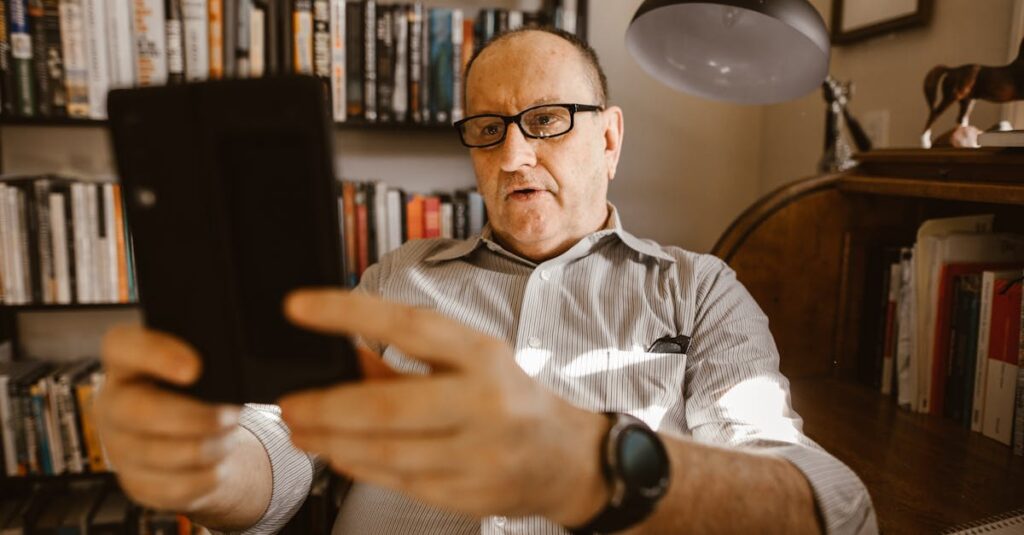 シニアがスマホのブラウザからChatGPTにアクセスしている様子